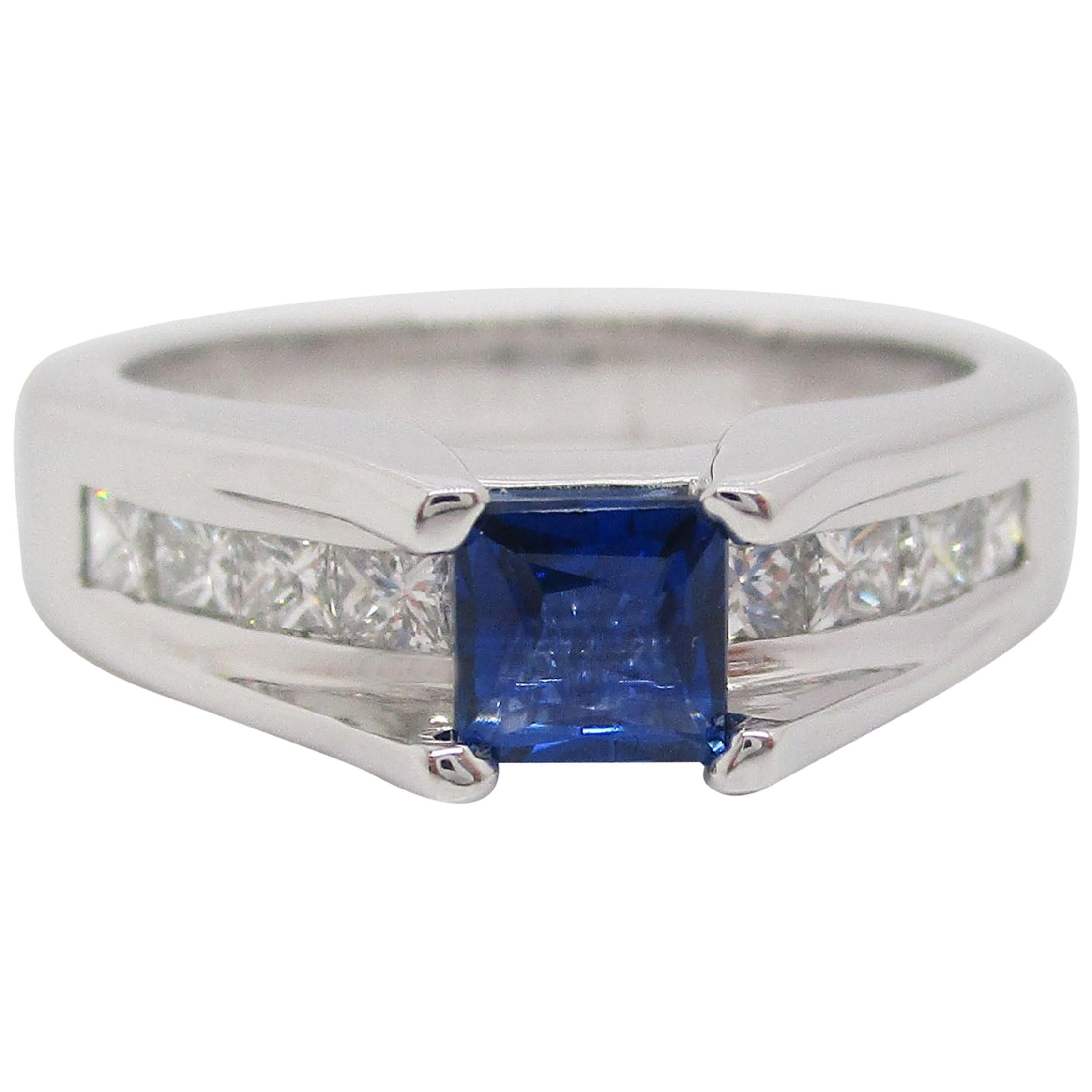 14 Karat White Gold Blue Sapphire and Diamond Engagement Ring
