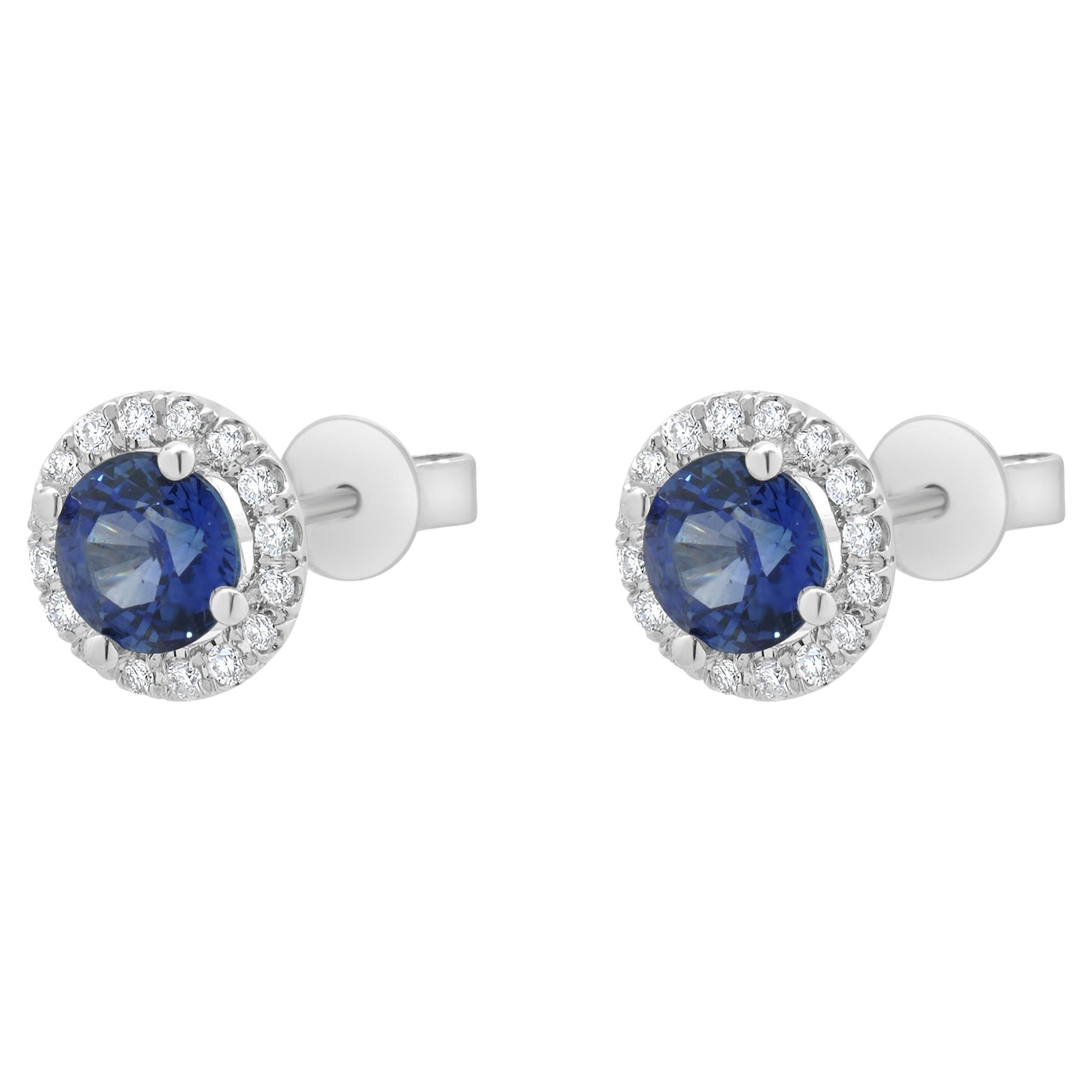 Boucles d'oreilles Halo en or blanc 14 carats saphir bleu et diamant en vente