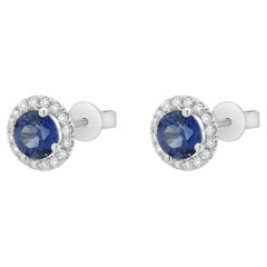 Boucles d'oreilles Halo en or blanc 14 carats saphir bleu et diamant