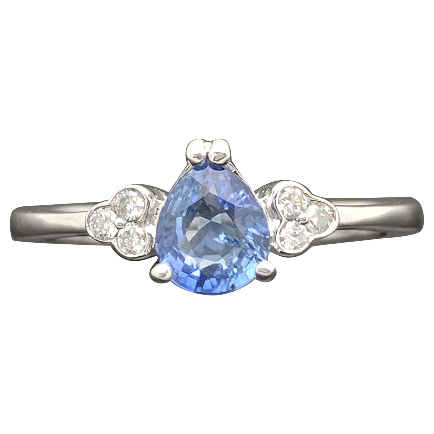 14 Karat White Gold Blue Sapphire and Diamond Ring For Sale