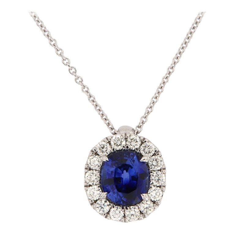 14 Karat White Gold Blue Sapphire and Diamonds Halo Pendant '2 1/2 Carat' For Sale