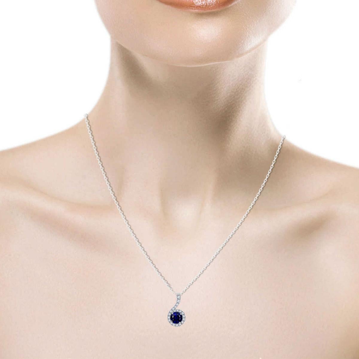 Round Cut 14 Karat White Gold Blue Sapphire and Diamonds Halo Pendant '3/4 Carat' For Sale