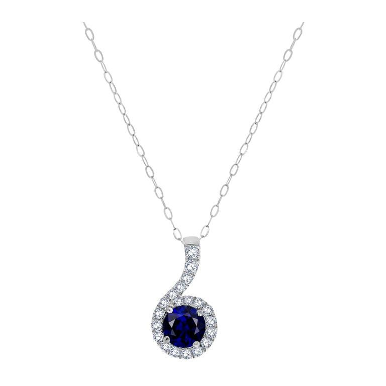 14 Karat White Gold Blue Sapphire and Diamonds Halo Pendant '3/4 Carat' For Sale