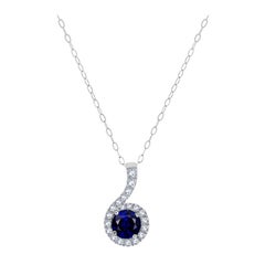 14 Karat White Gold Blue Sapphire and Diamonds Halo Pendant '3/4 Carat'