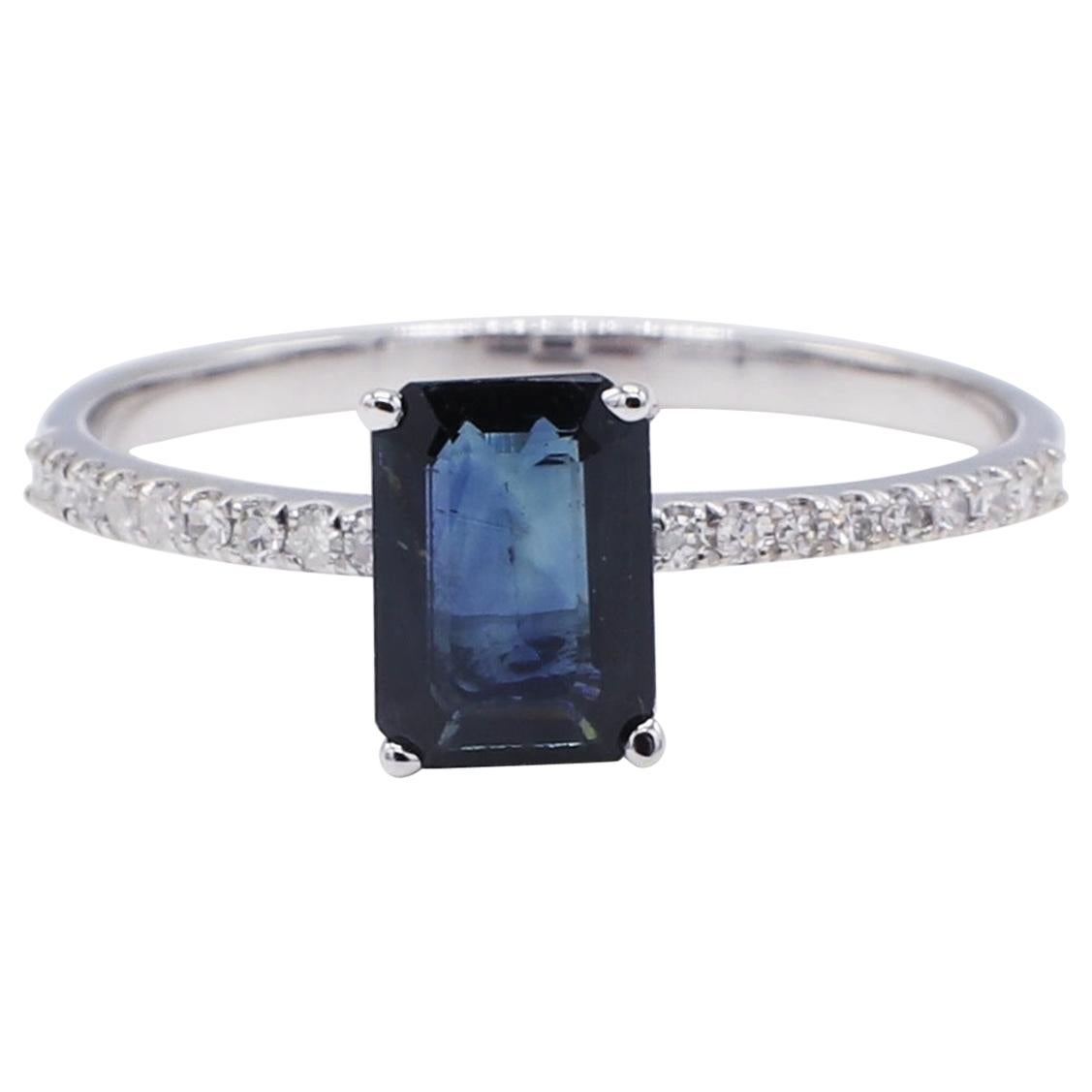 14 Karat White Gold Blue Sapphire and Pave Natural Diamond Cocktail Ring