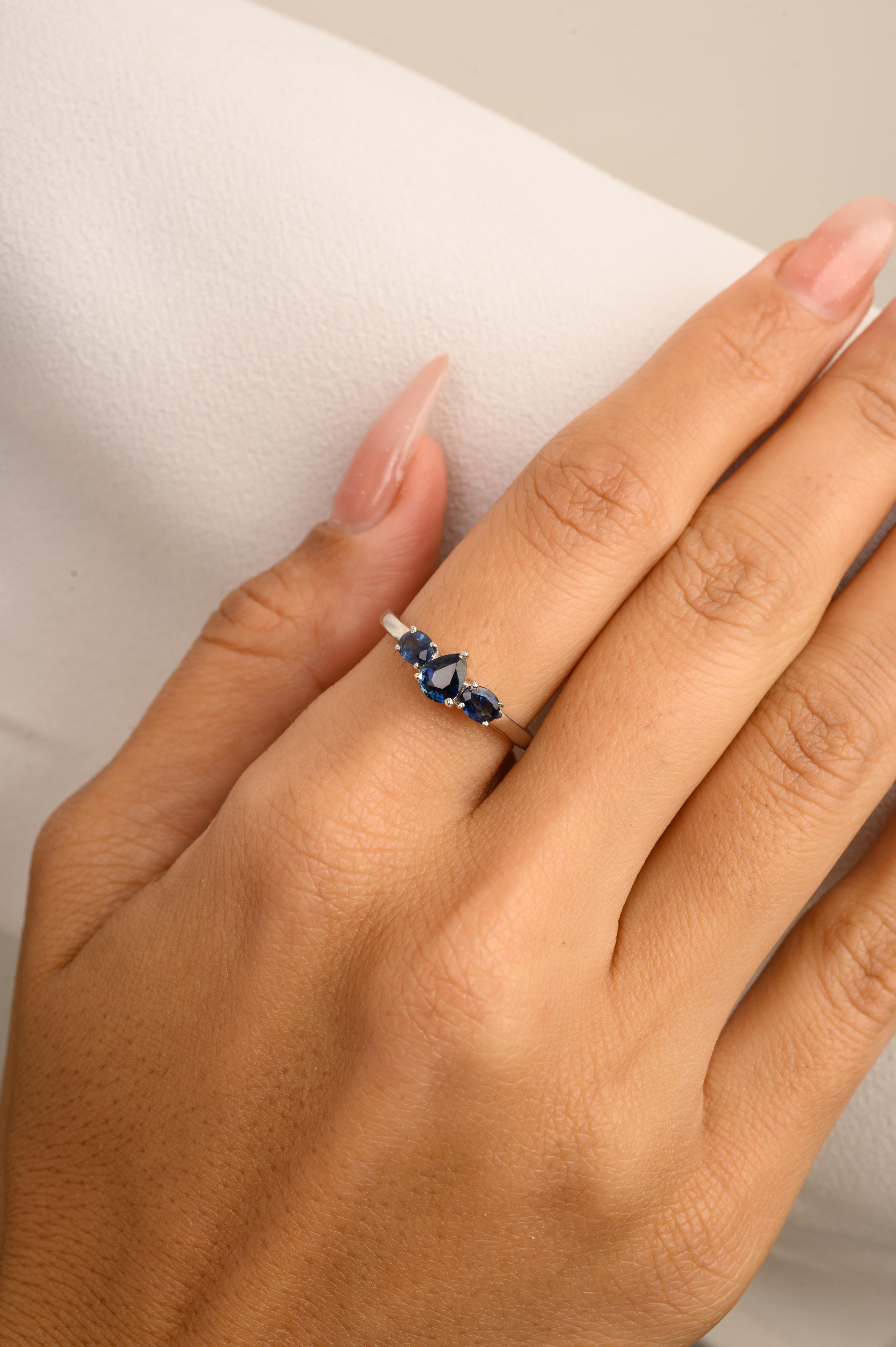 For Sale:  14 Karat White Gold Blue Sapphire Birthstone Three Stone Engagement Ring for Her 2