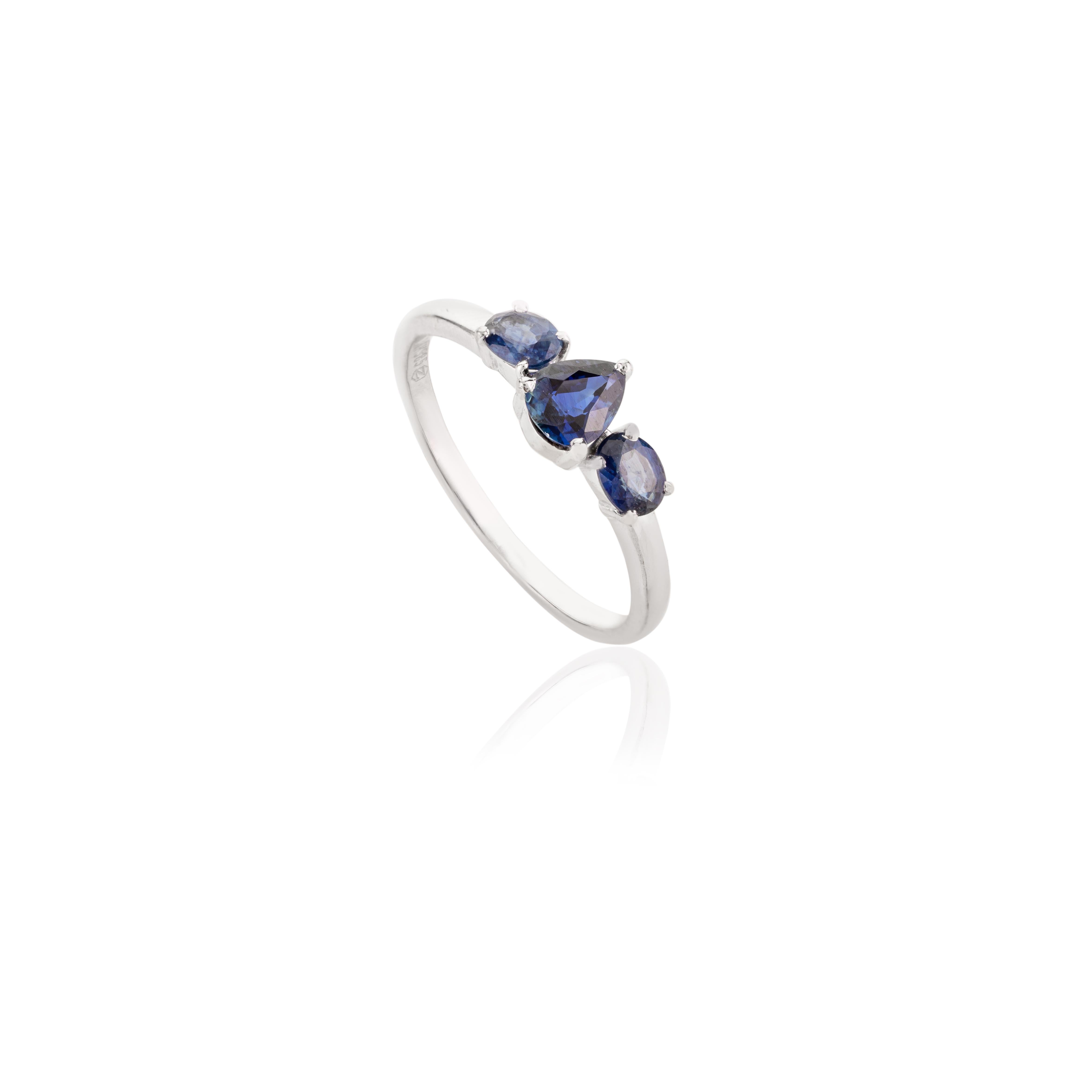 For Sale:  14 Karat White Gold Blue Sapphire Birthstone Three Stone Engagement Ring for Her 4