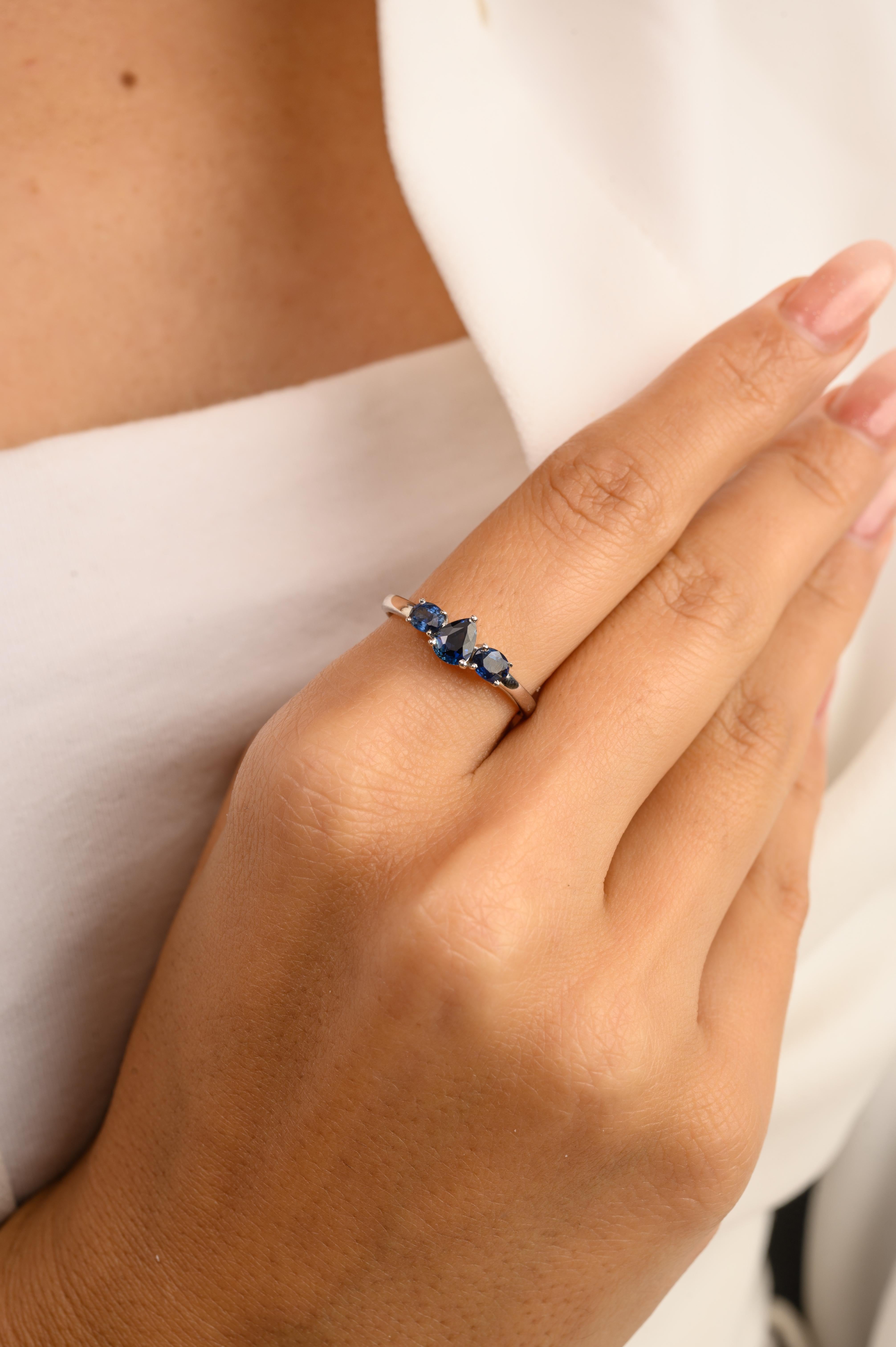 For Sale:  14 Karat White Gold Blue Sapphire Birthstone Three Stone Engagement Ring for Her 5