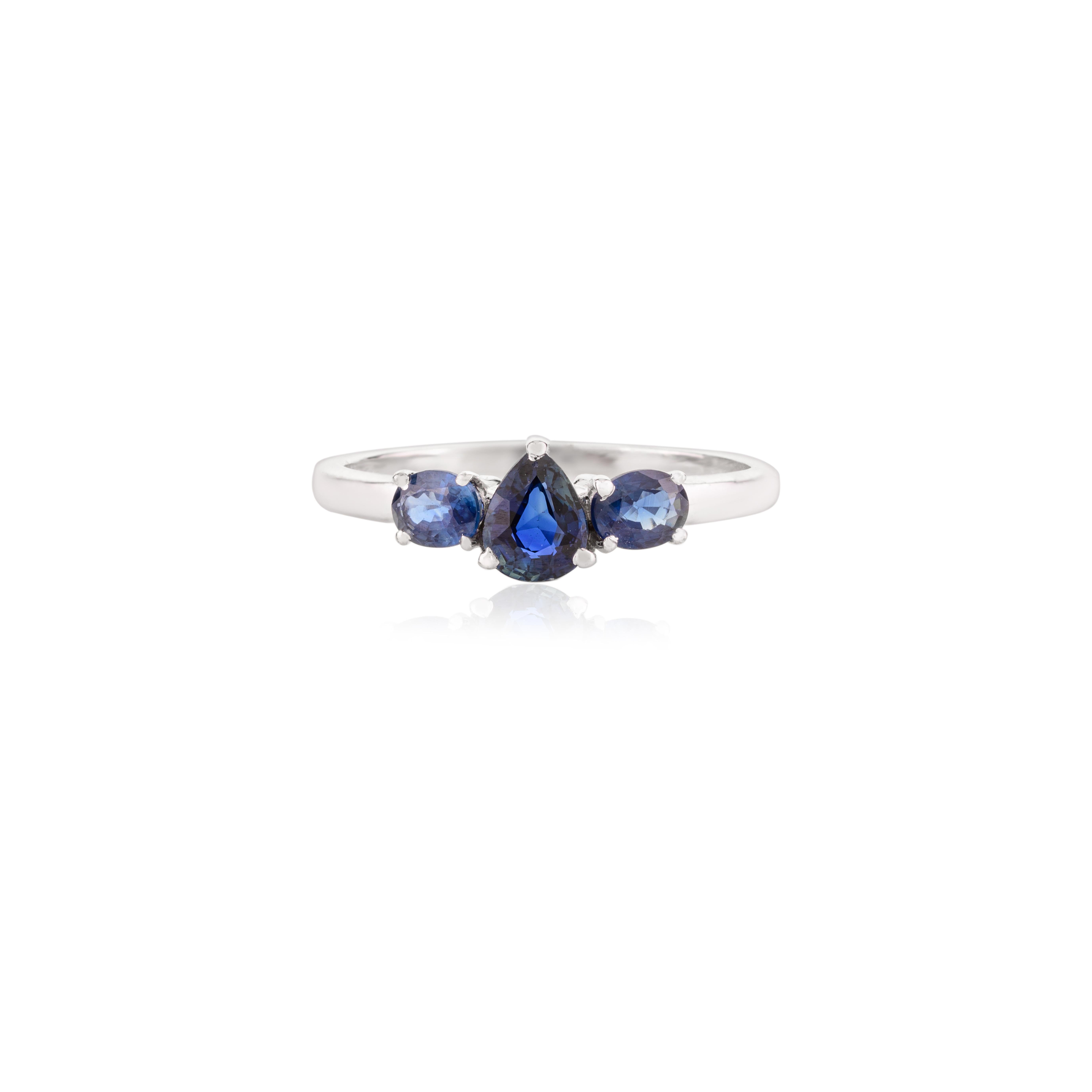 For Sale:  14 Karat White Gold Blue Sapphire Birthstone Three Stone Engagement Ring for Her 6