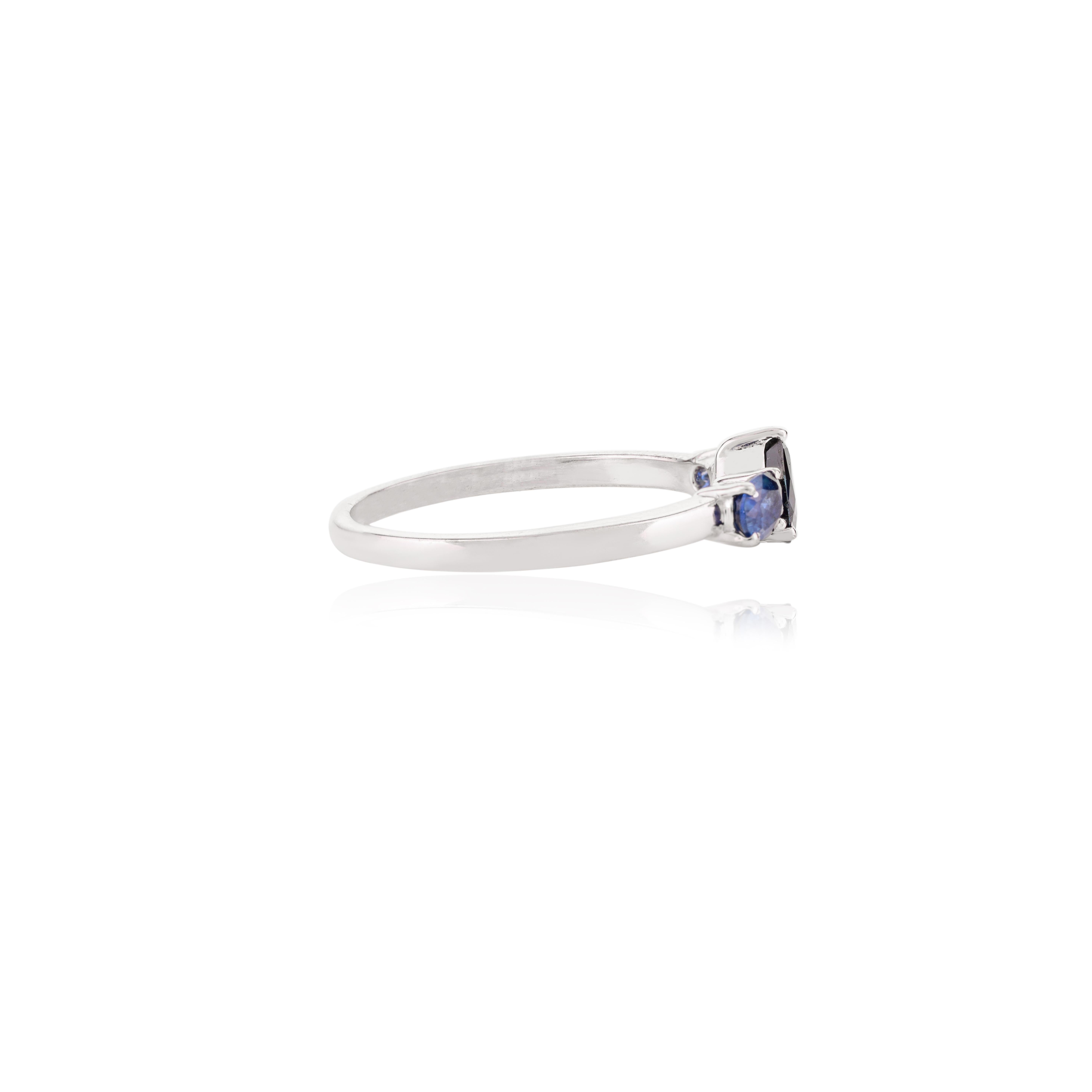 For Sale:  14 Karat White Gold Blue Sapphire Birthstone Three Stone Engagement Ring for Her 7
