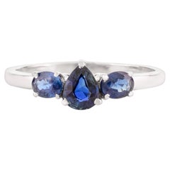 14 Karat White Gold Blue Sapphire Birthstone Three Stone Engagement Ring for Her