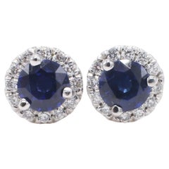 14 Karat White Gold Blue Sapphire & Diamond Halo Stud Earrings