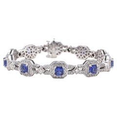 14 Karat White Gold Blue Sapphire & Diamond Halo Tennis Line Bracelet