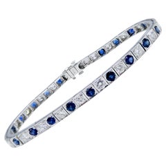 Vintage 14 Karat White Gold Blue Sapphire & Diamond Tennis Straight Line Bracelet