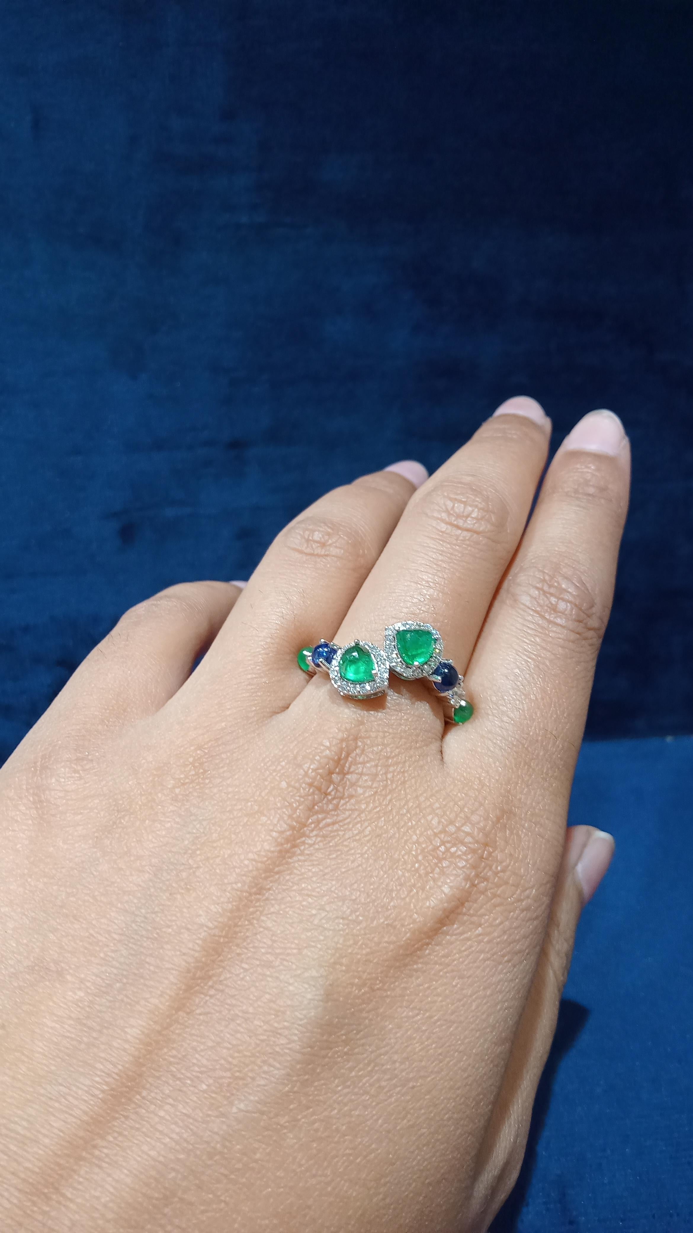 For Sale:  14 Karat White Gold Blue Sapphire Green Emerald White Diamond Ring 2