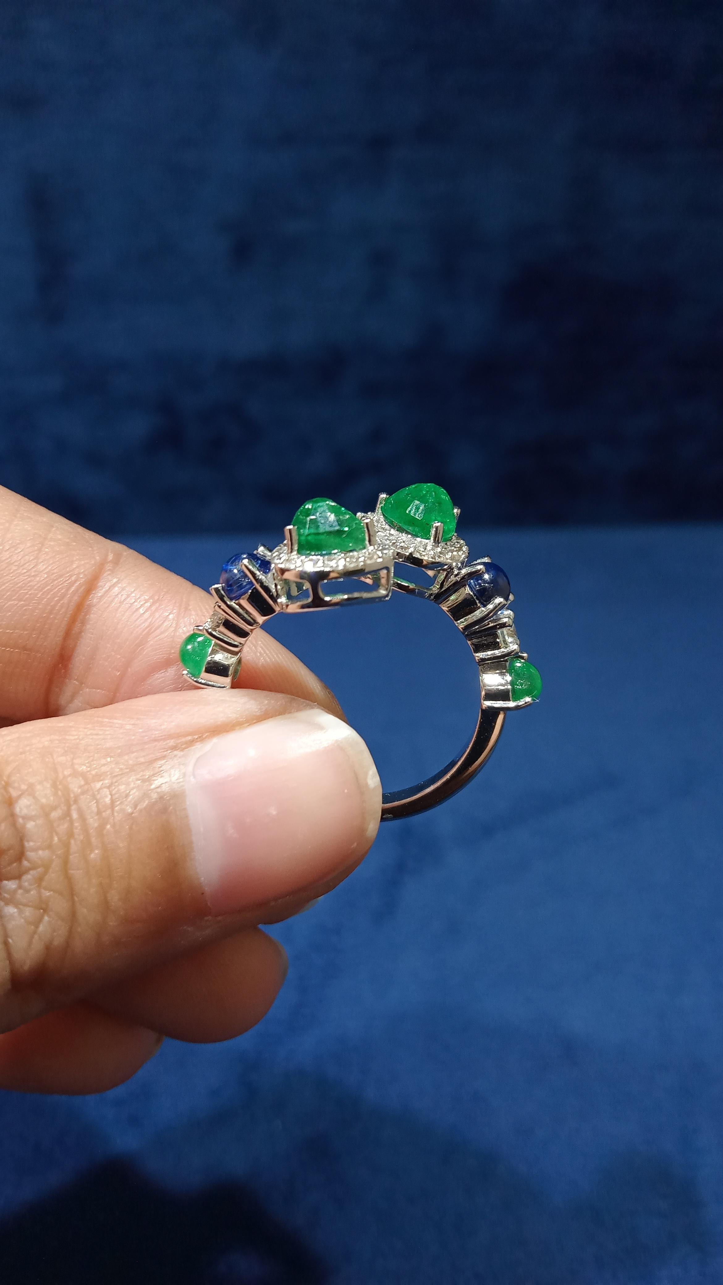 For Sale:  14 Karat White Gold Blue Sapphire Green Emerald White Diamond Ring 5