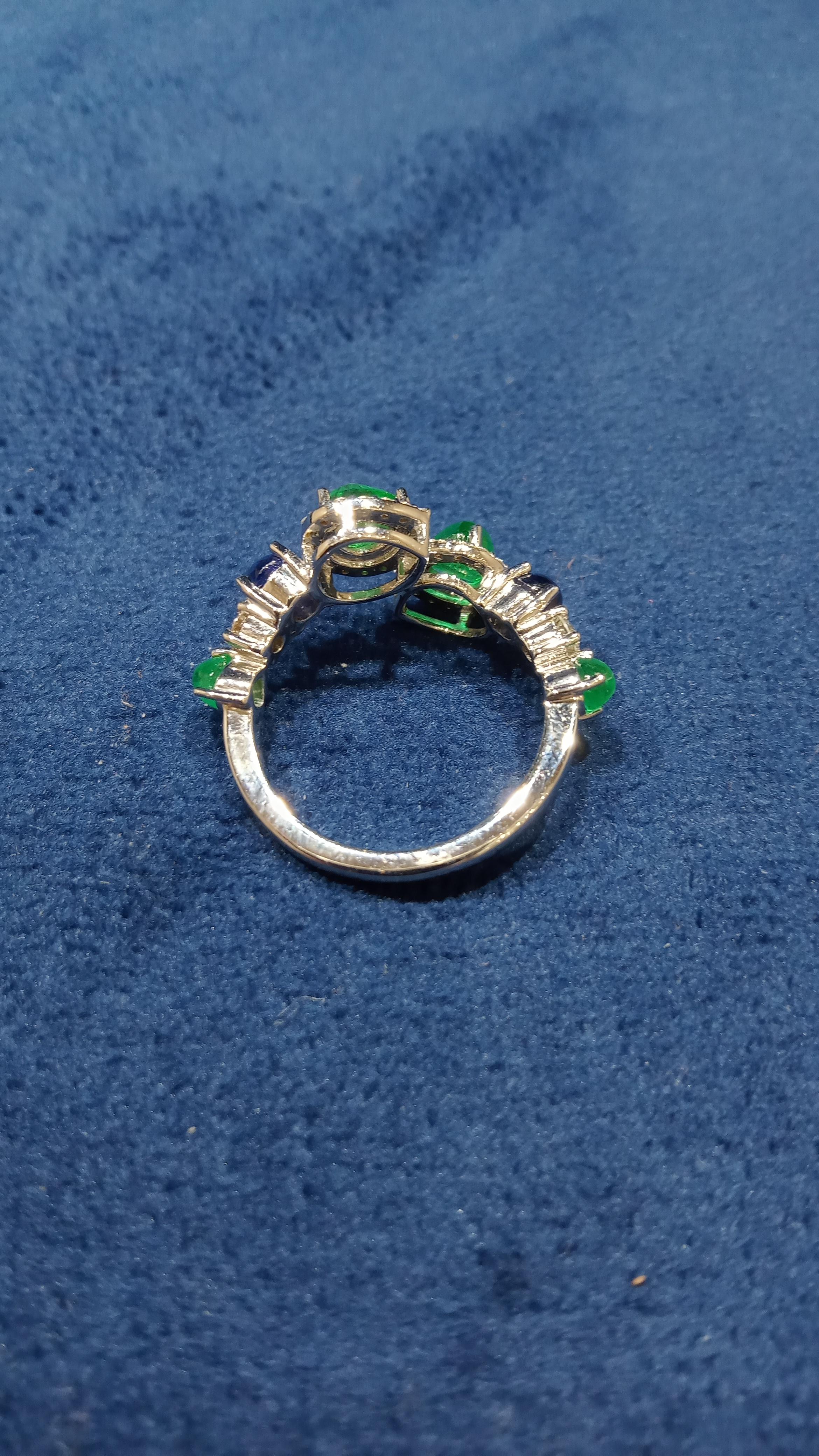 For Sale:  14 Karat White Gold Blue Sapphire Green Emerald White Diamond Ring 6