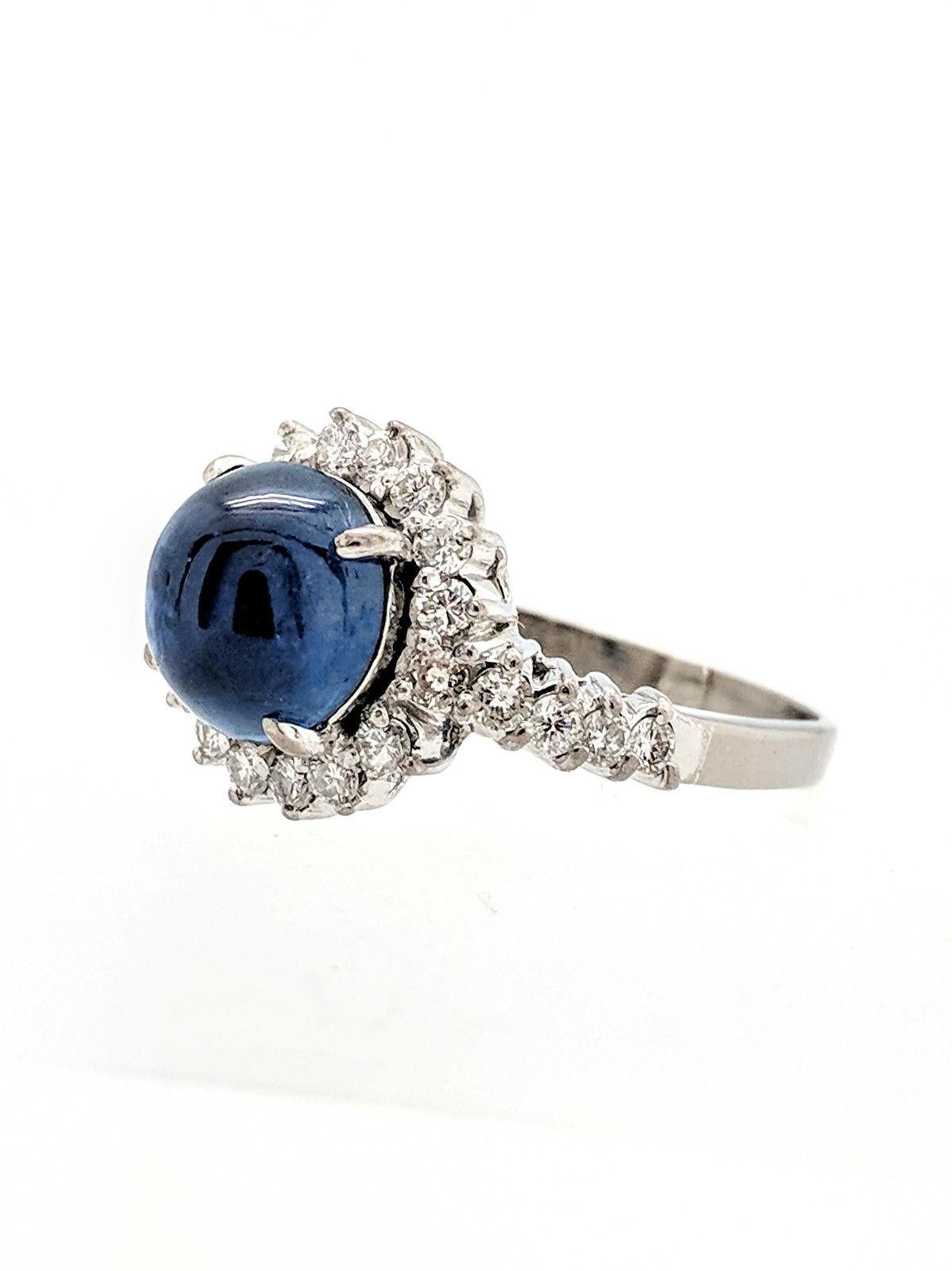 Art Deco 14 Karat White Gold Blue Star Sapphire and Diamond Halo Ring