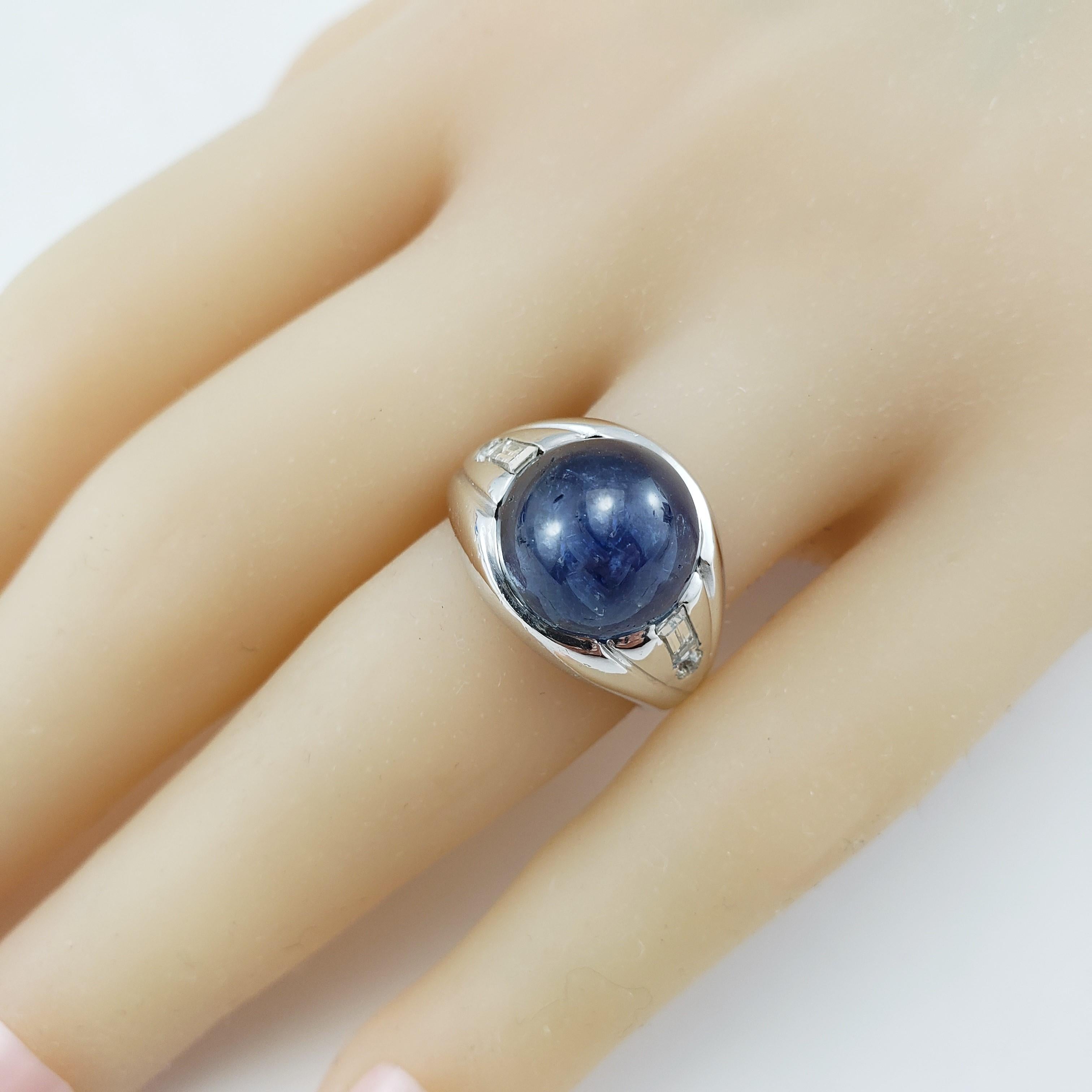 Men's 14 Karat White Gold Blue Star Sapphire and Diamond Ring