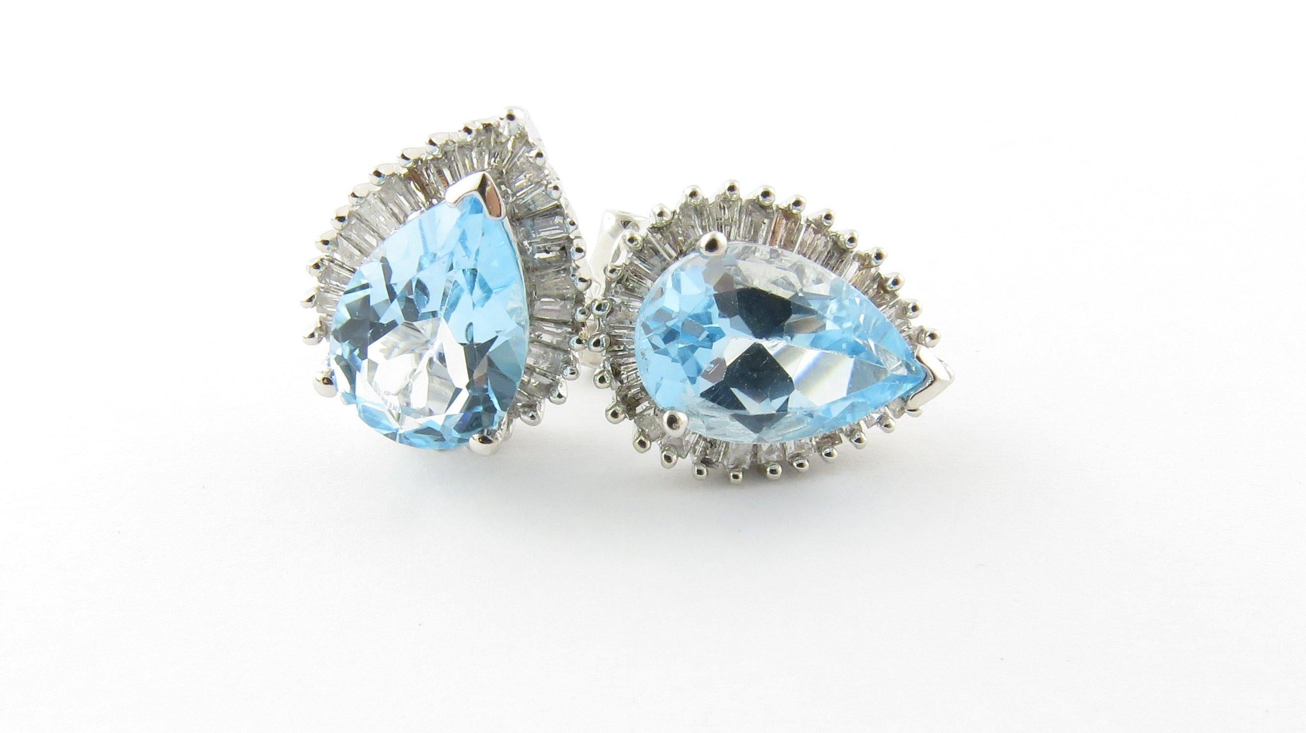 Round Cut 14 Karat White Gold Blue Topaz and Diamond Earrings For Sale