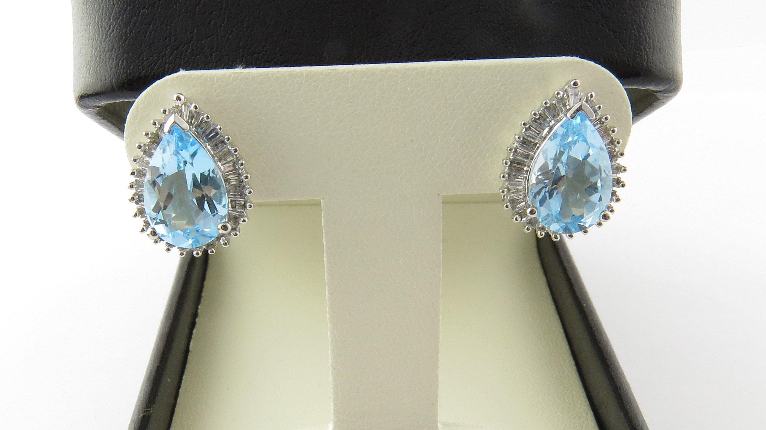 14 Karat White Gold Blue Topaz and Diamond Earrings For Sale 3