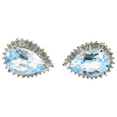 Vintage 14 Karat White Gold Blue Topaz and Diamond Earrings