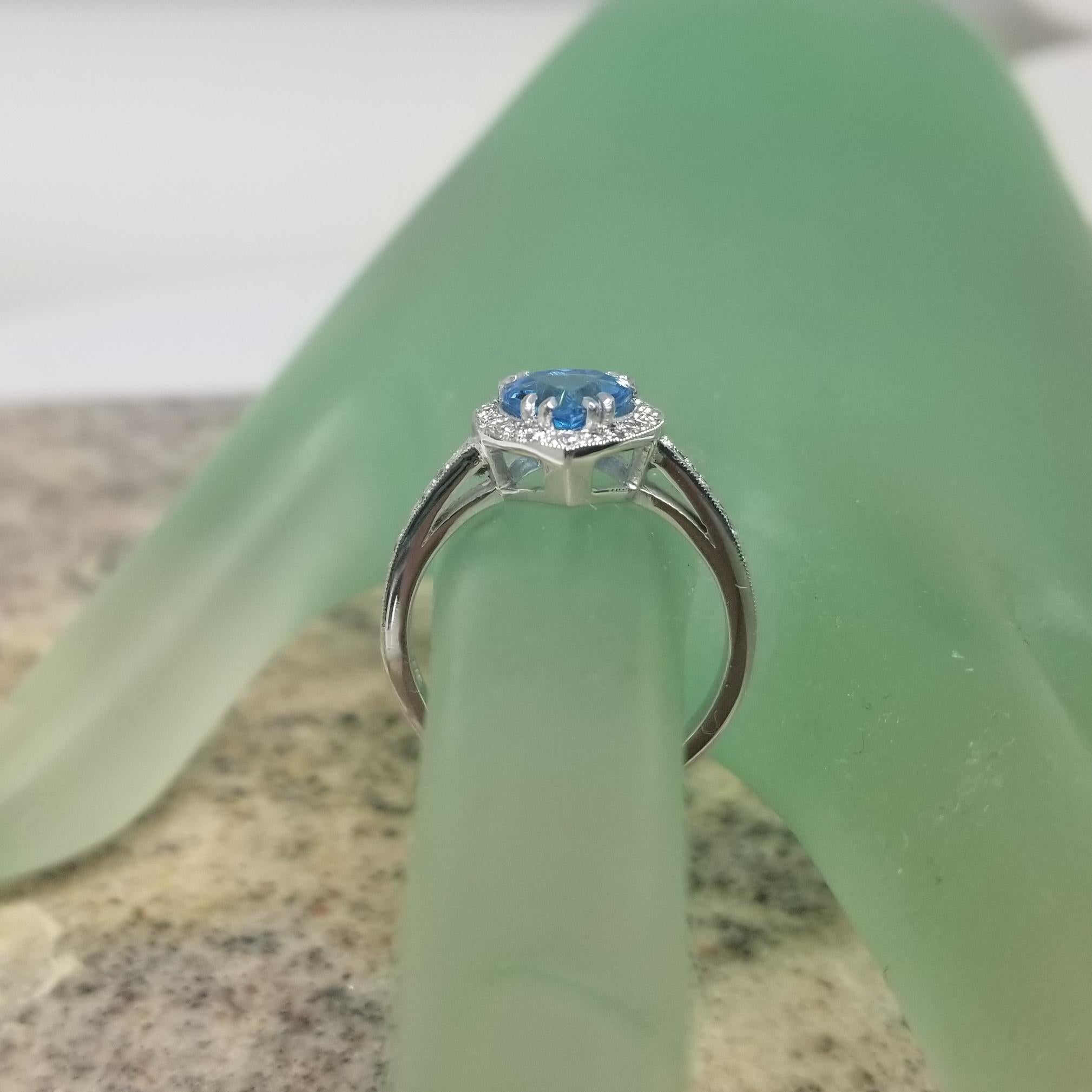 14 Karat White Gold Blue Topaz and Diamond Heart Halo Ring For Sale 1