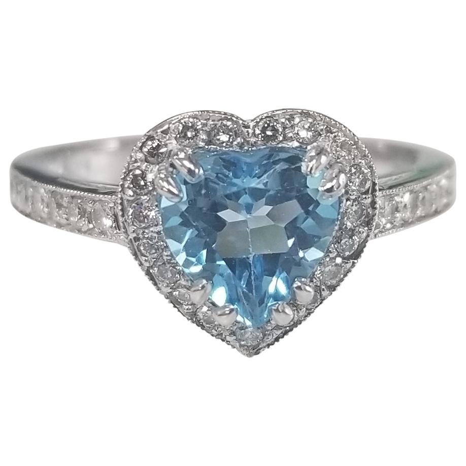 14 Karat White Gold Blue Topaz and Diamond Heart Halo Ring For Sale