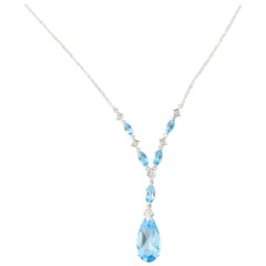 Vintage 14 Karat White Gold Blue Topaz and Diamond Necklace