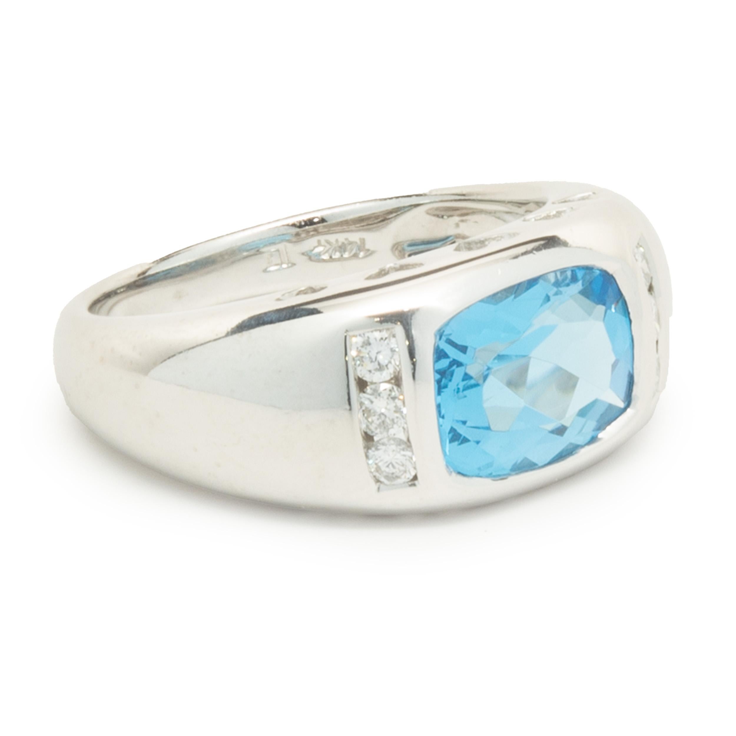 Designer: custom
Material: 14K white gold
Diamond: 6 round brilliant cut = 0.18cttw
Color: G
Clarity: SI1
Ring Size: 6.25 (complimentary sizing available)
Weight: 5.75 grams