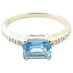 Vintage 14 Karat White Gold Blue Topaz and Diamond Ring