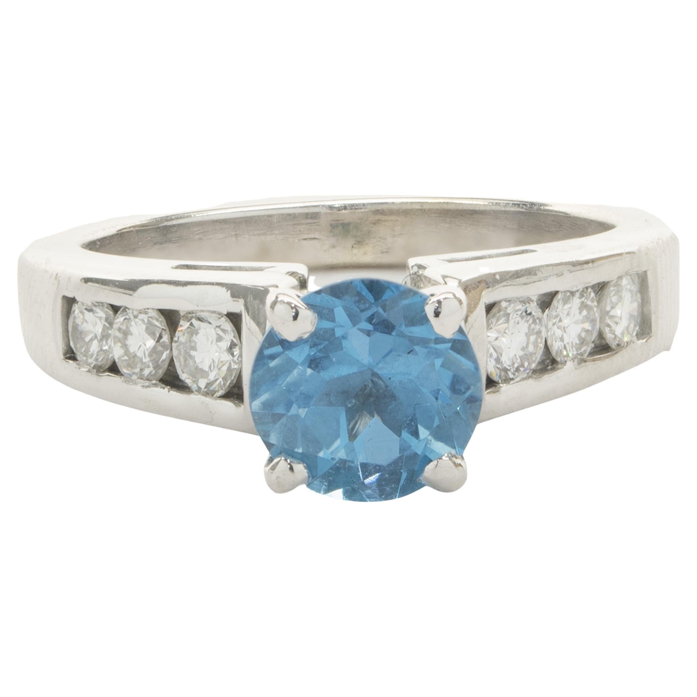 14 Karat White Gold Blue Topaz and Diamond Ring For Sale