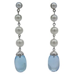 14 Karat White Gold Blue Topaz and Pearl Dangle Earrings