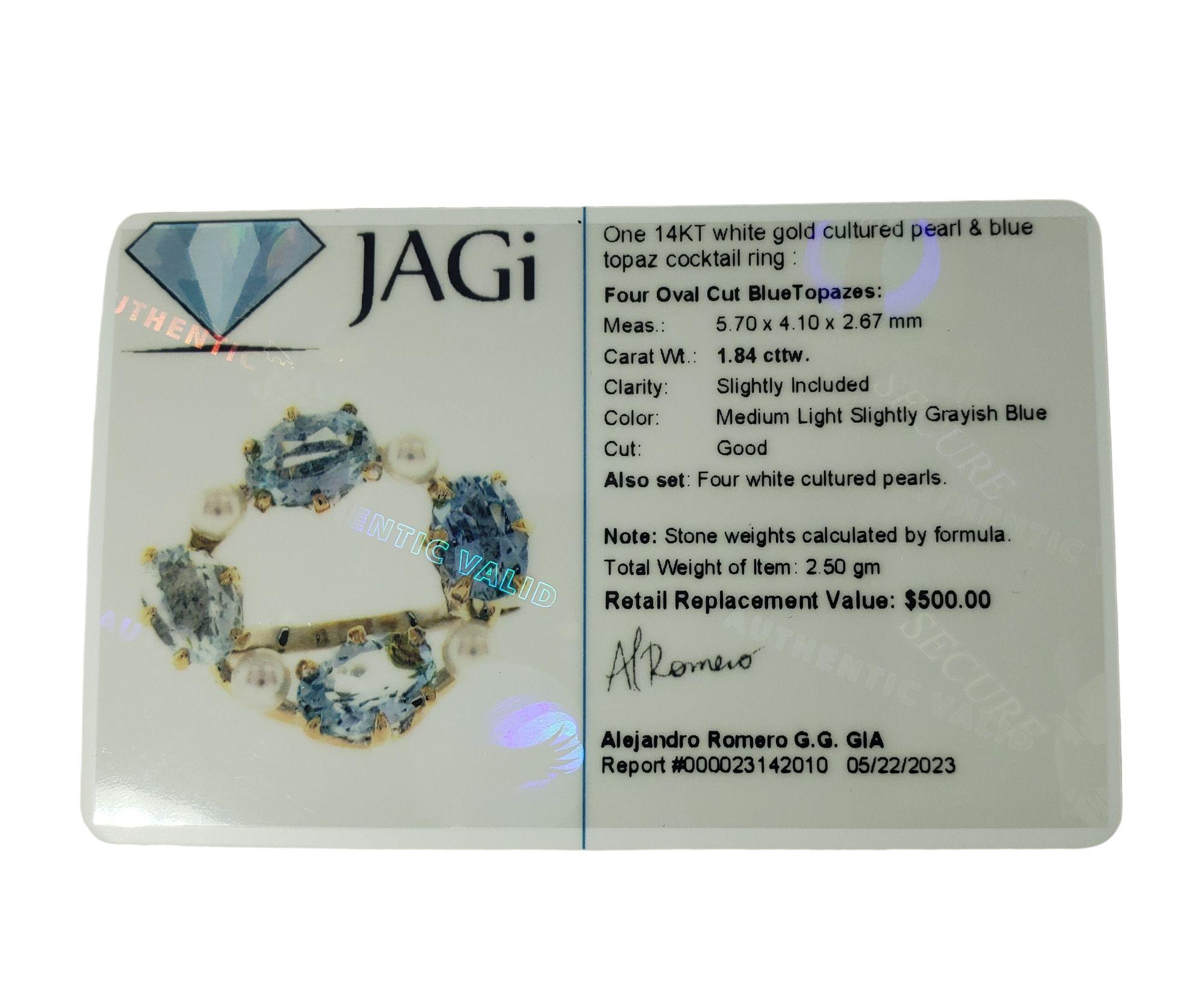 14 Karat White Gold Blue Topaz and Pearl Ring Size 3.25 #14602 For Sale 3