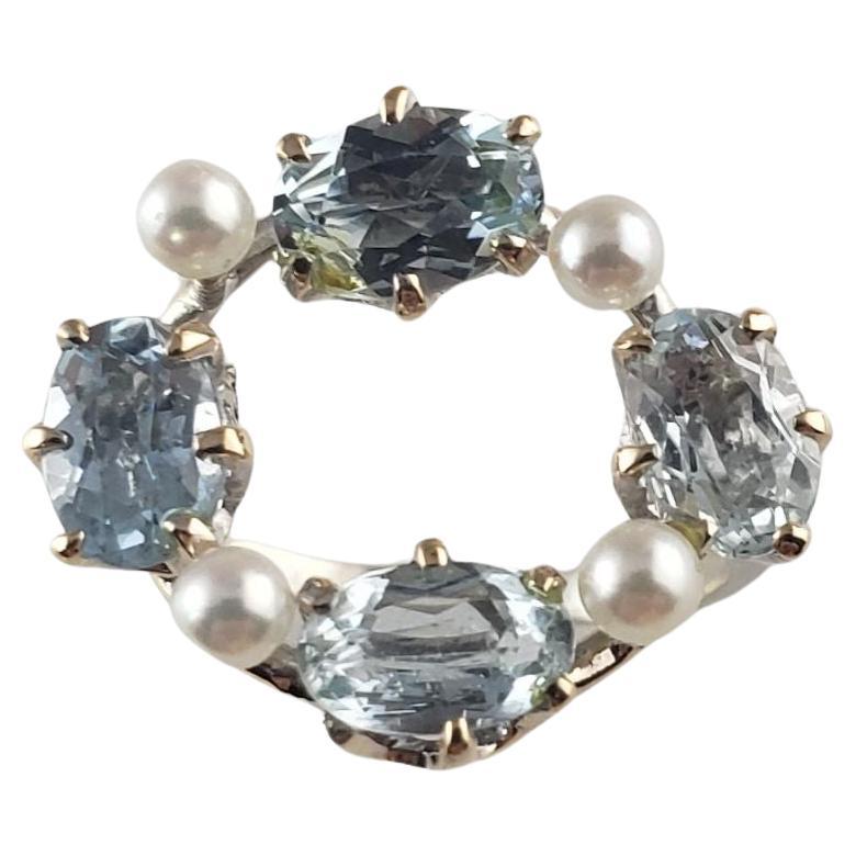 14 Karat White Gold Blue Topaz and Pearl Ring Size 3.25 #14602 For Sale