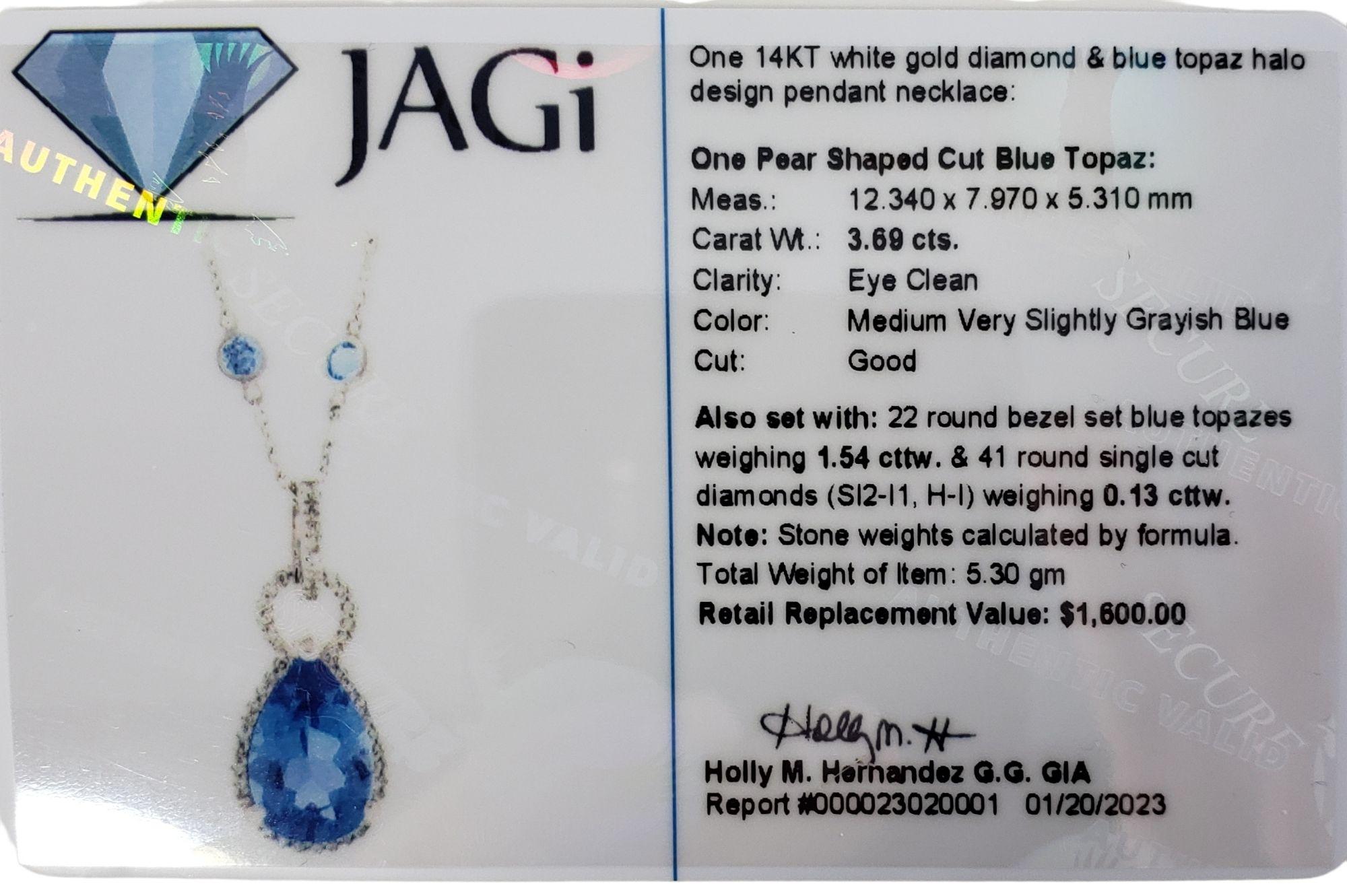 14 Karat White Gold Blue Topaz Diamond Pendant Necklace #13787 For Sale 1