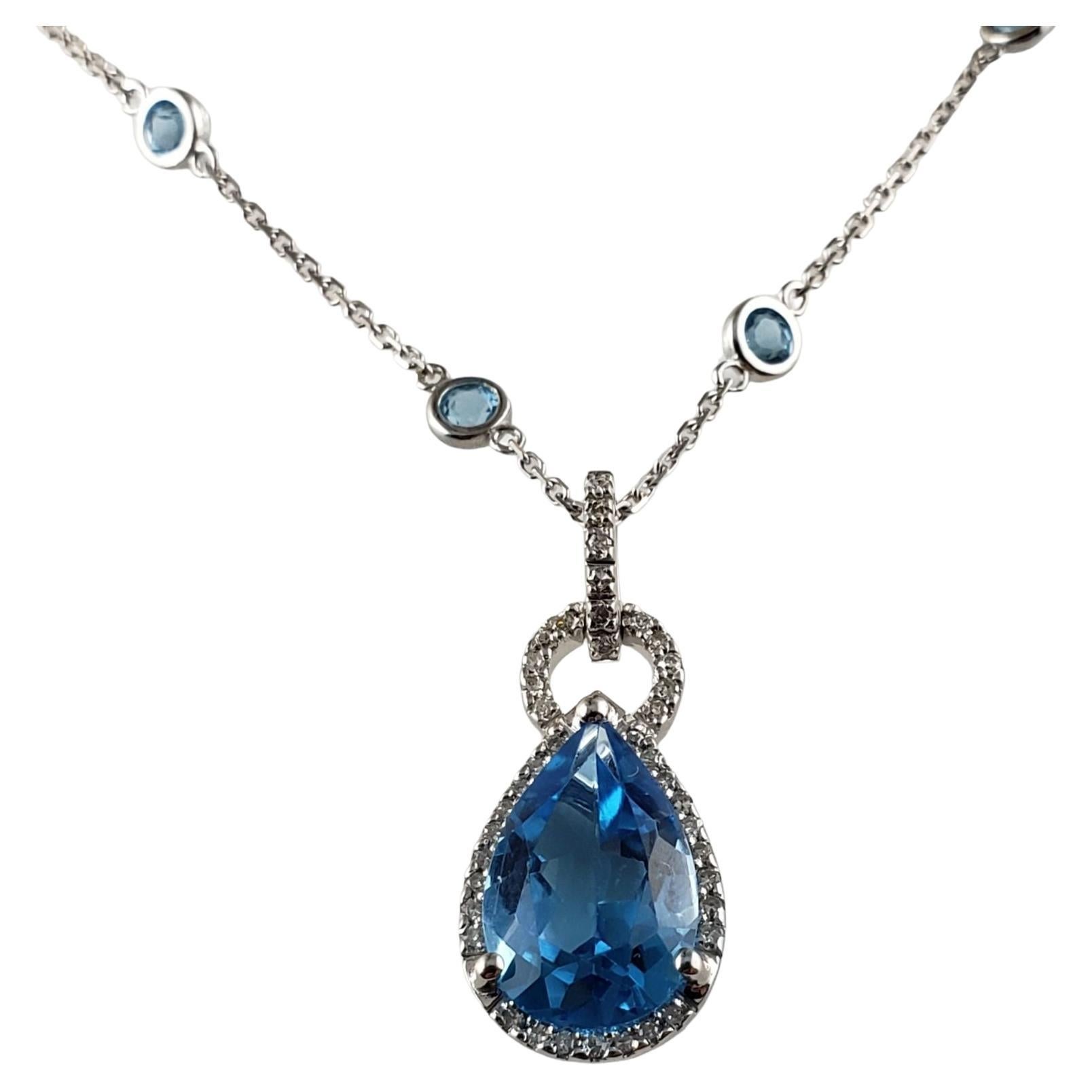 14 Karat White Gold Blue Topaz Diamond Pendant Necklace #13787