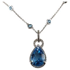 Vintage 14 Karat White Gold Blue Topaz Diamond Pendant Necklace #13787