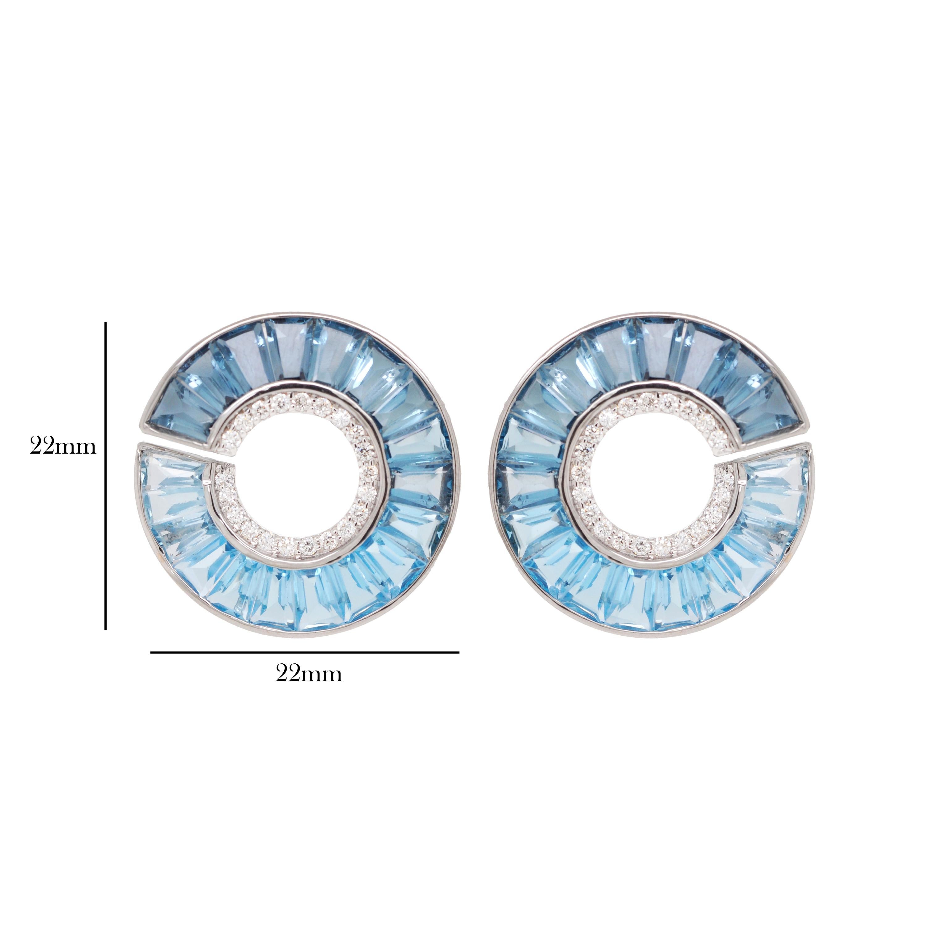 Contemporary 14 Karat White Gold Blue Topaz Taper Baguette Diamond Curve Stud Earrings For Sale