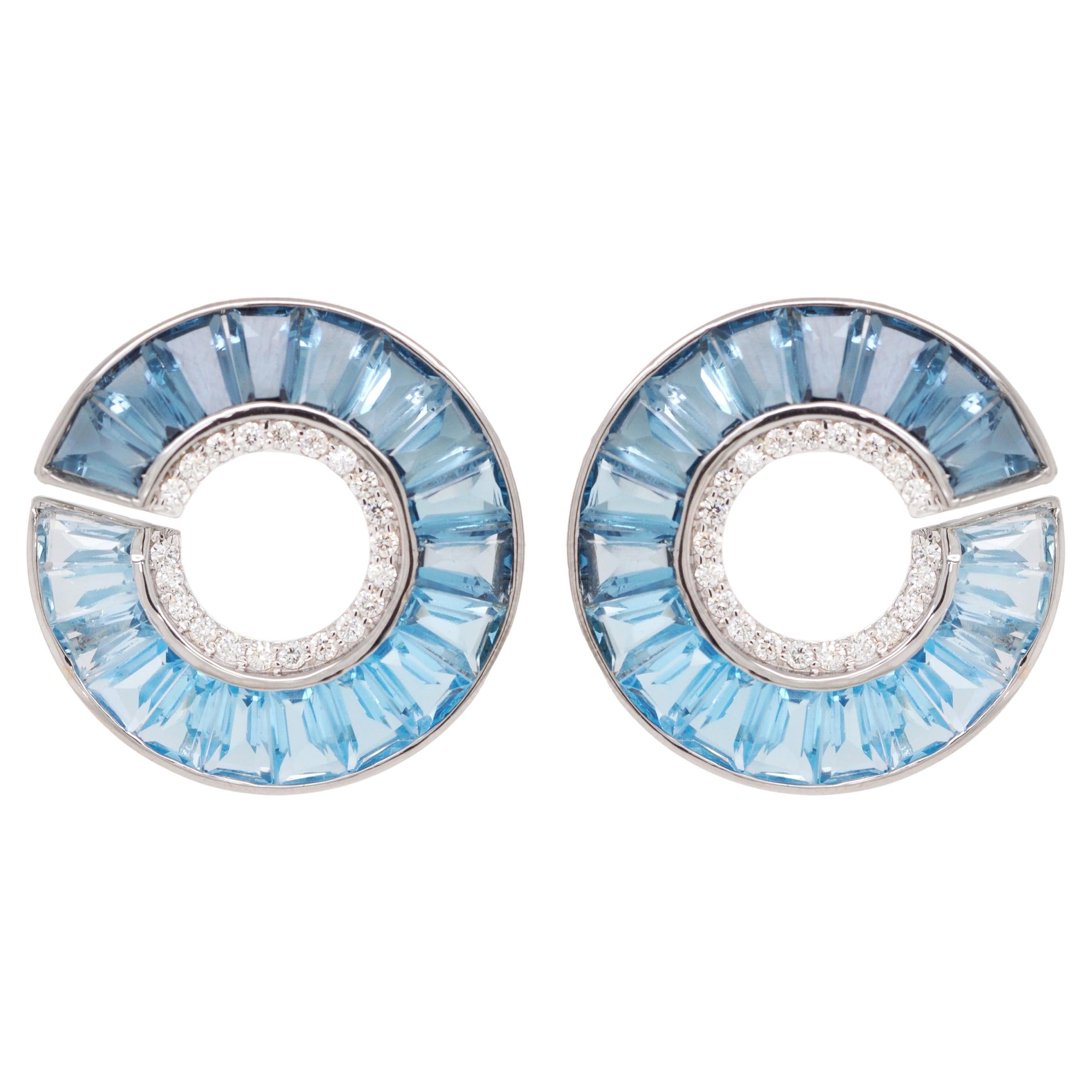 14 Karat White Gold Blue Topaz Taper Baguette Diamond Curve Stud Earrings For Sale