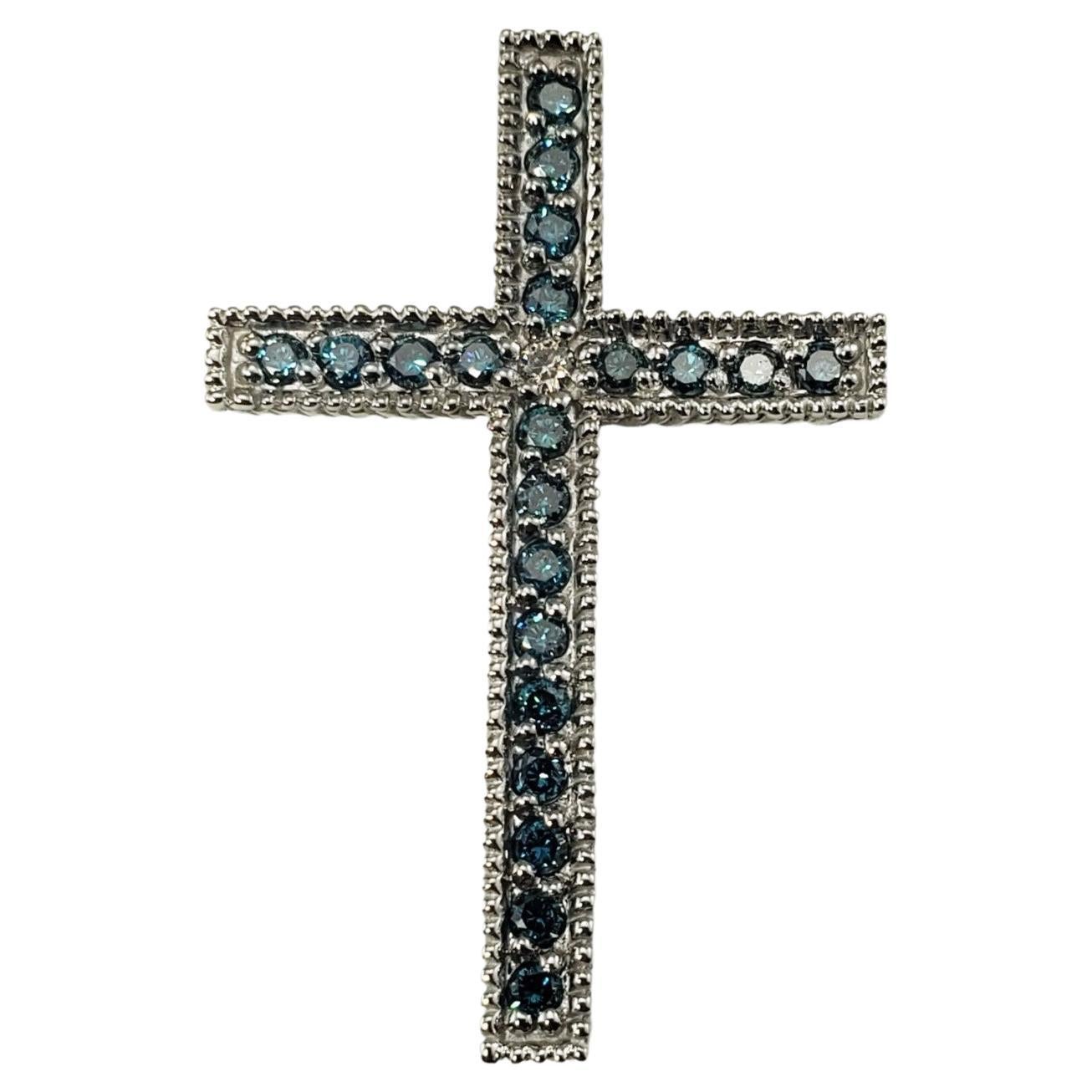 14 Karat White Gold Blue Treated Diamond Cross Pendant