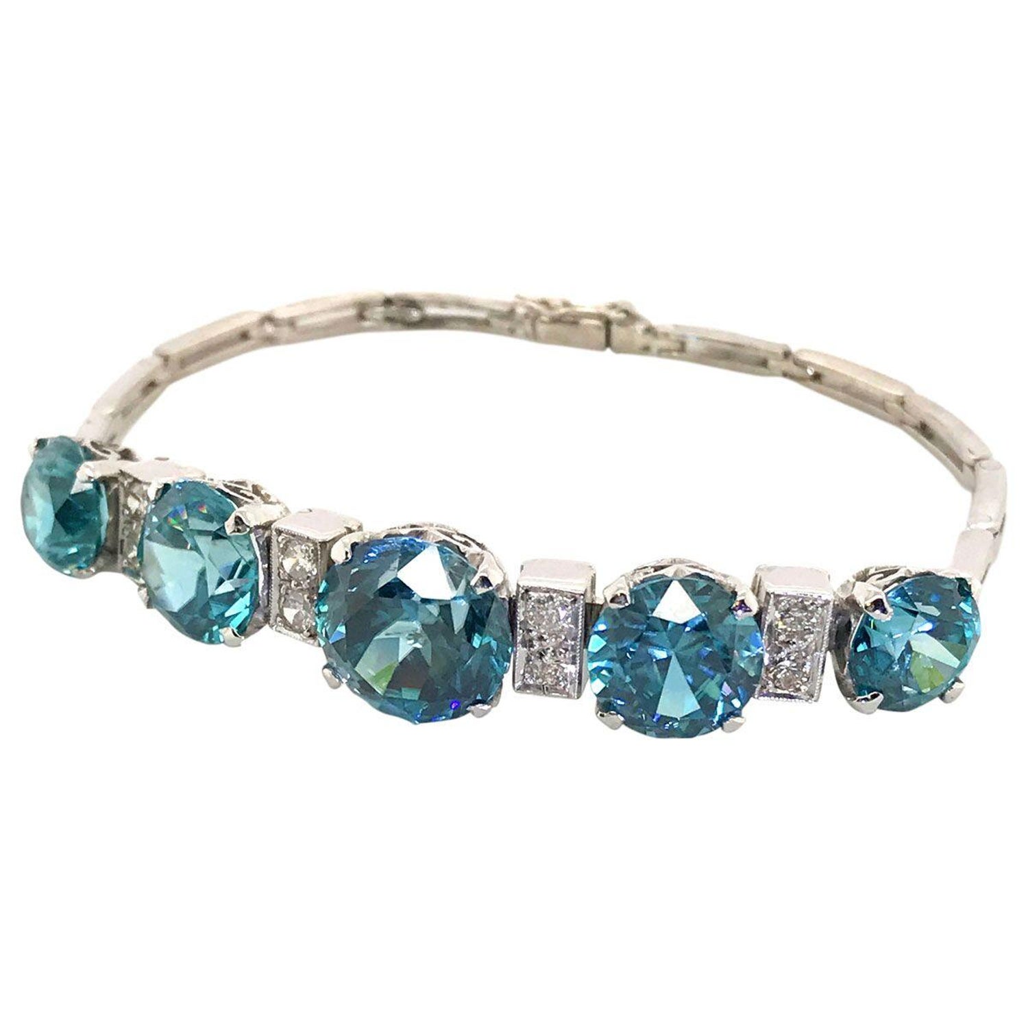Blue Zircon Bracelet 14k /& Sterling Silver Genuine Blue Stone 8\u201d Link Bracelet 1930s