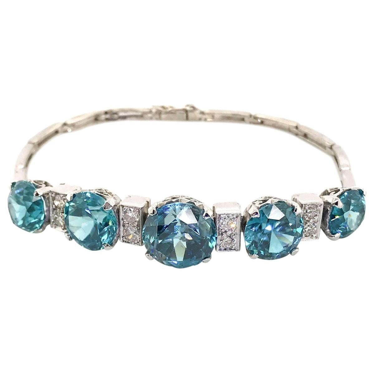 14 Karat White Gold Blue Zircon and Diamond Bracelet For Sale