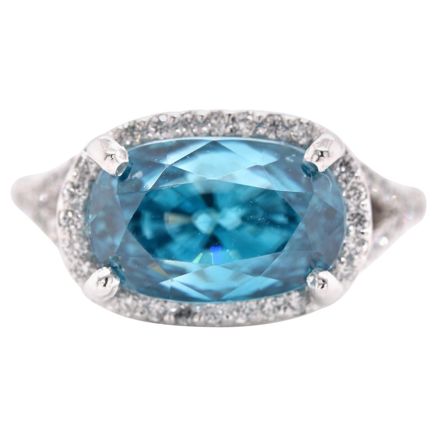 14 Karat White Gold Blue Zircon and Diamond Ring