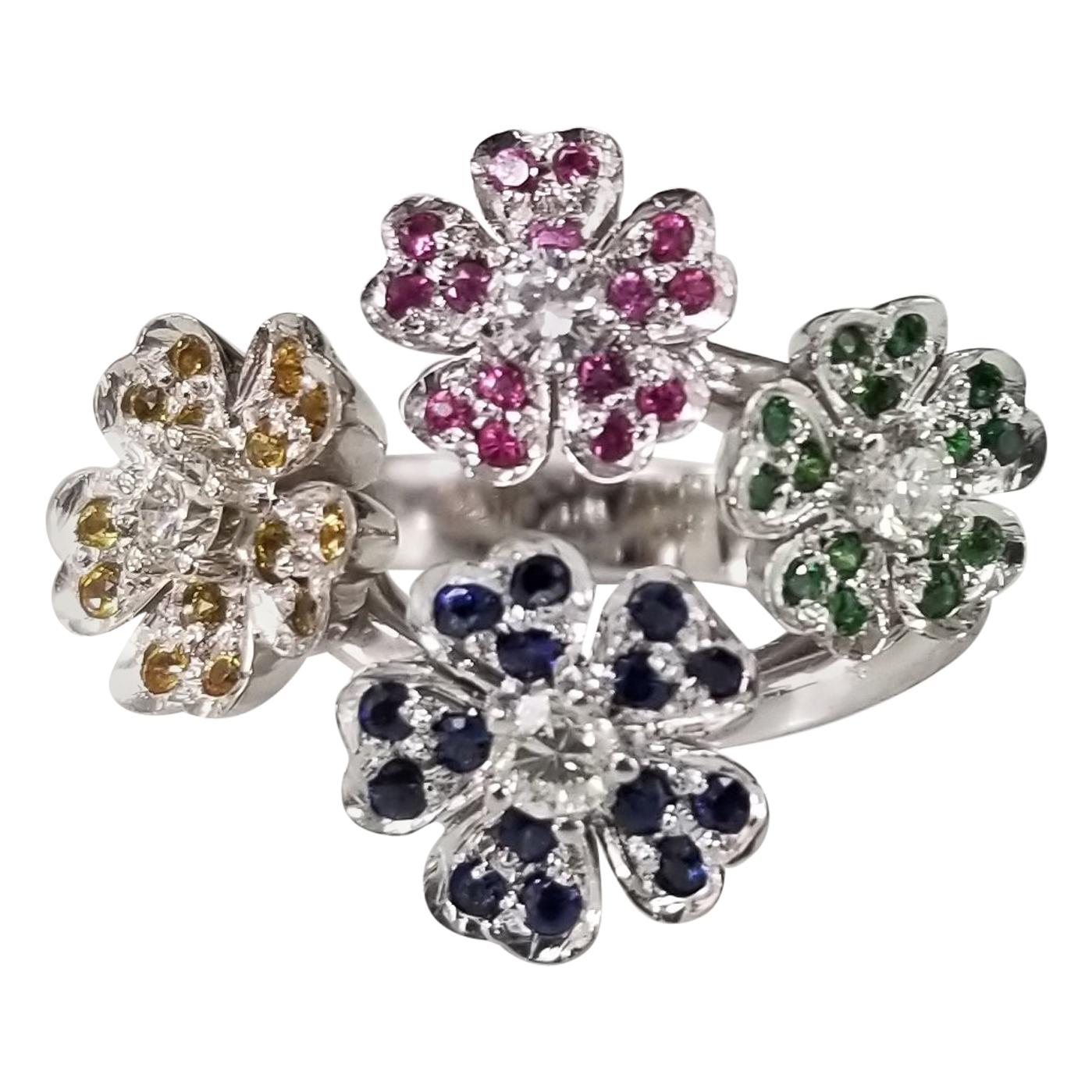 14 Karat White Gold "Bouquet" of Colored Stones Flowers Ring