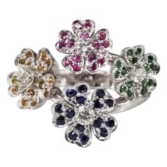 14 Karat White Gold "Bouquet" of Colored Stones Flowers Ring