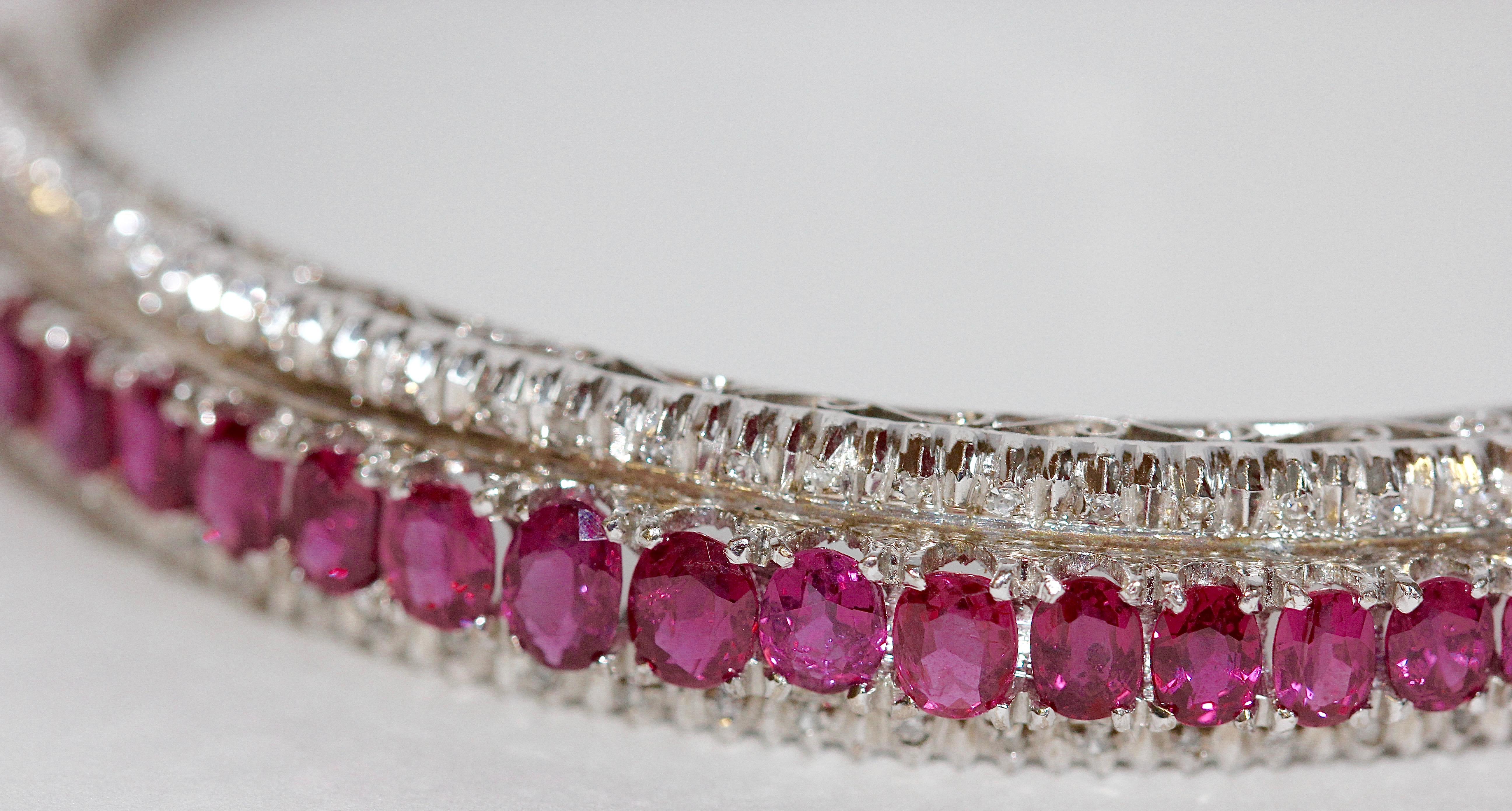 Women's 14 Karat White Gold Bracelet Bangle Set with Lots of Rubies and Tiny Diamonds For Sale