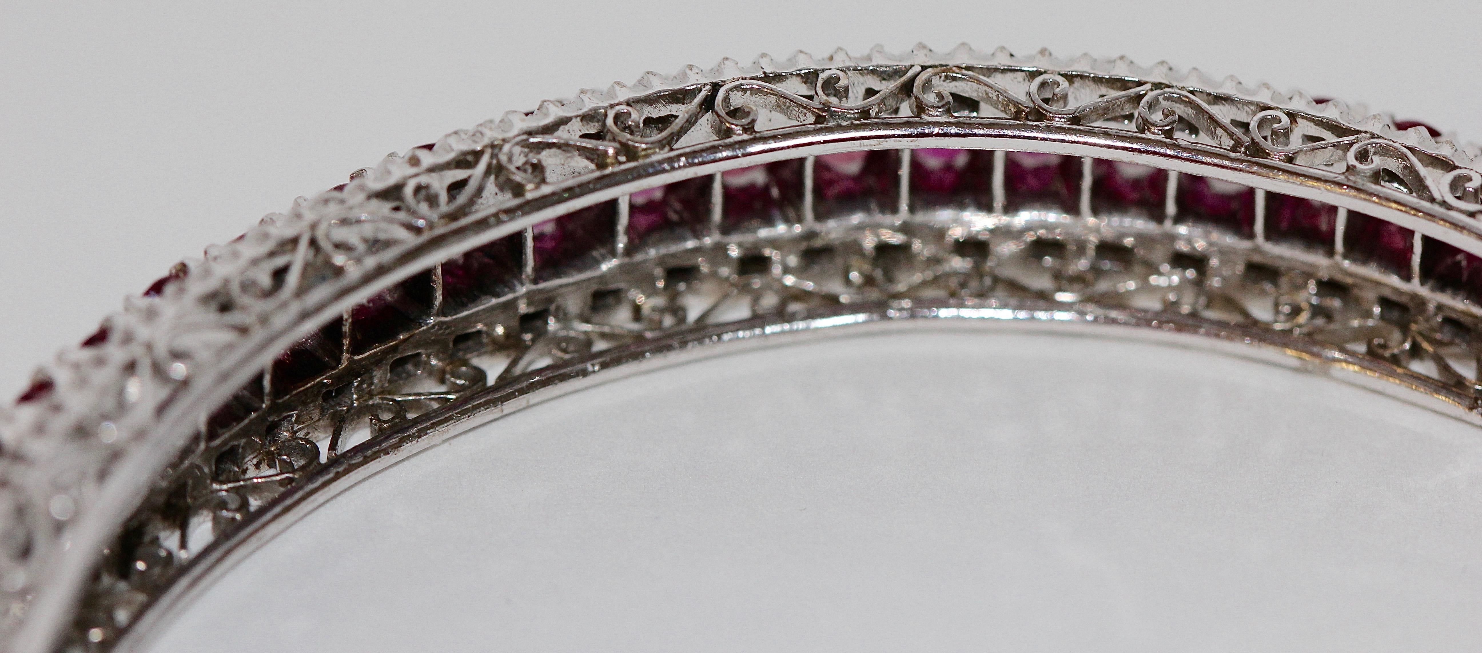 14 Karat White Gold Bracelet Bangle Set with Lots of Rubies and Tiny Diamonds For Sale 4