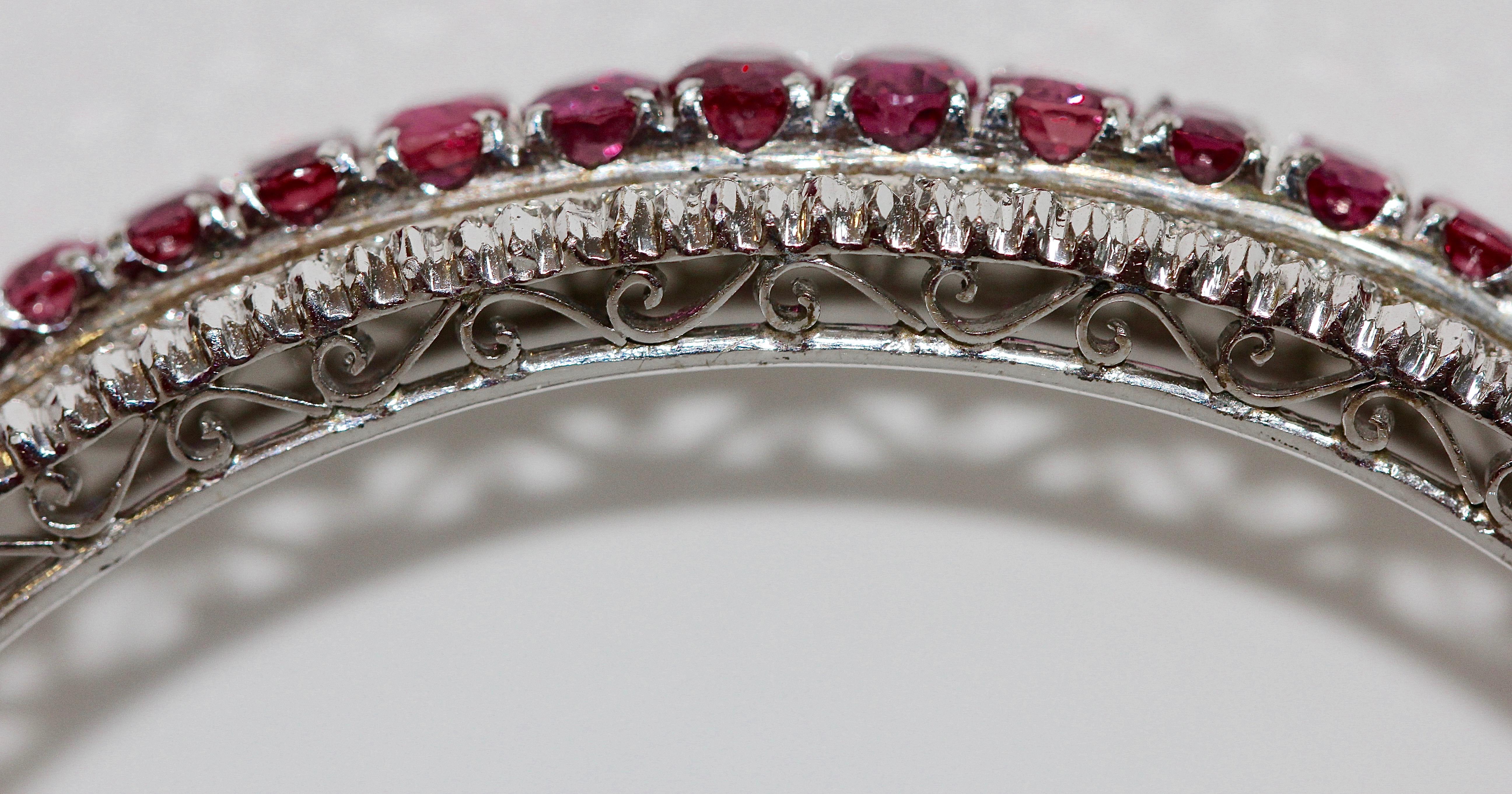 14 Karat White Gold Bracelet Bangle Set with Lots of Rubies and Tiny Diamonds For Sale 5