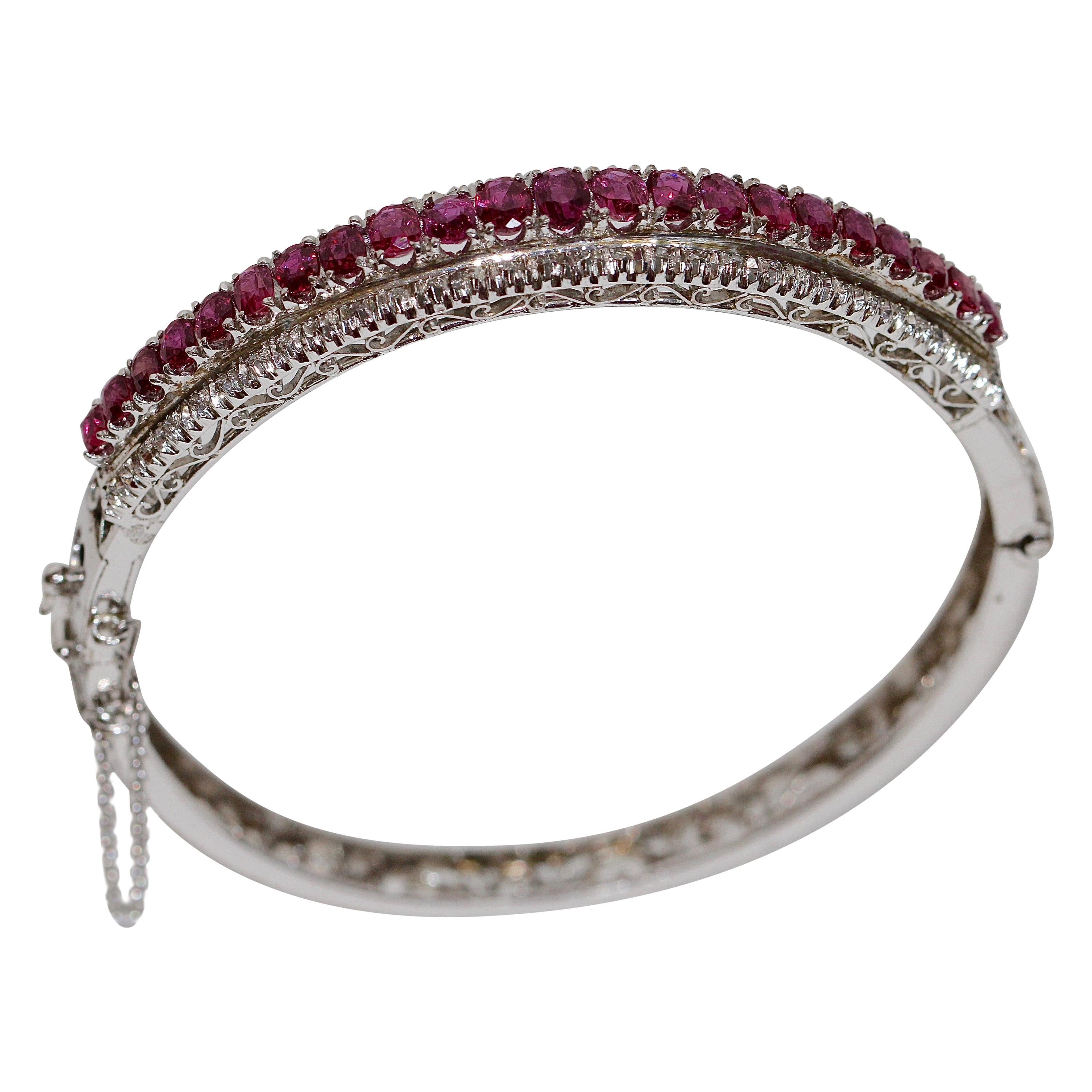 14 Karat White Gold Bracelet Bangle Set with Lots of Rubies and Tiny Diamonds For Sale